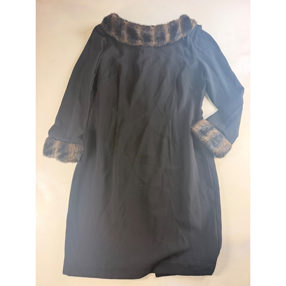 Danny & Nicole Sheath Dress Women 12P Black Y2K Faux Fur Trim Vintage Style